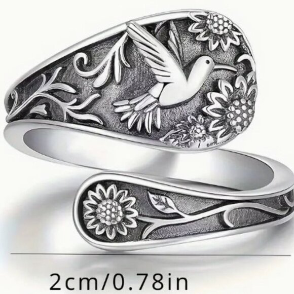 Spoon Ring Sunflower and Hummingbird Design Adjustable Ring Antique Silver Color - Picture 2 of 8